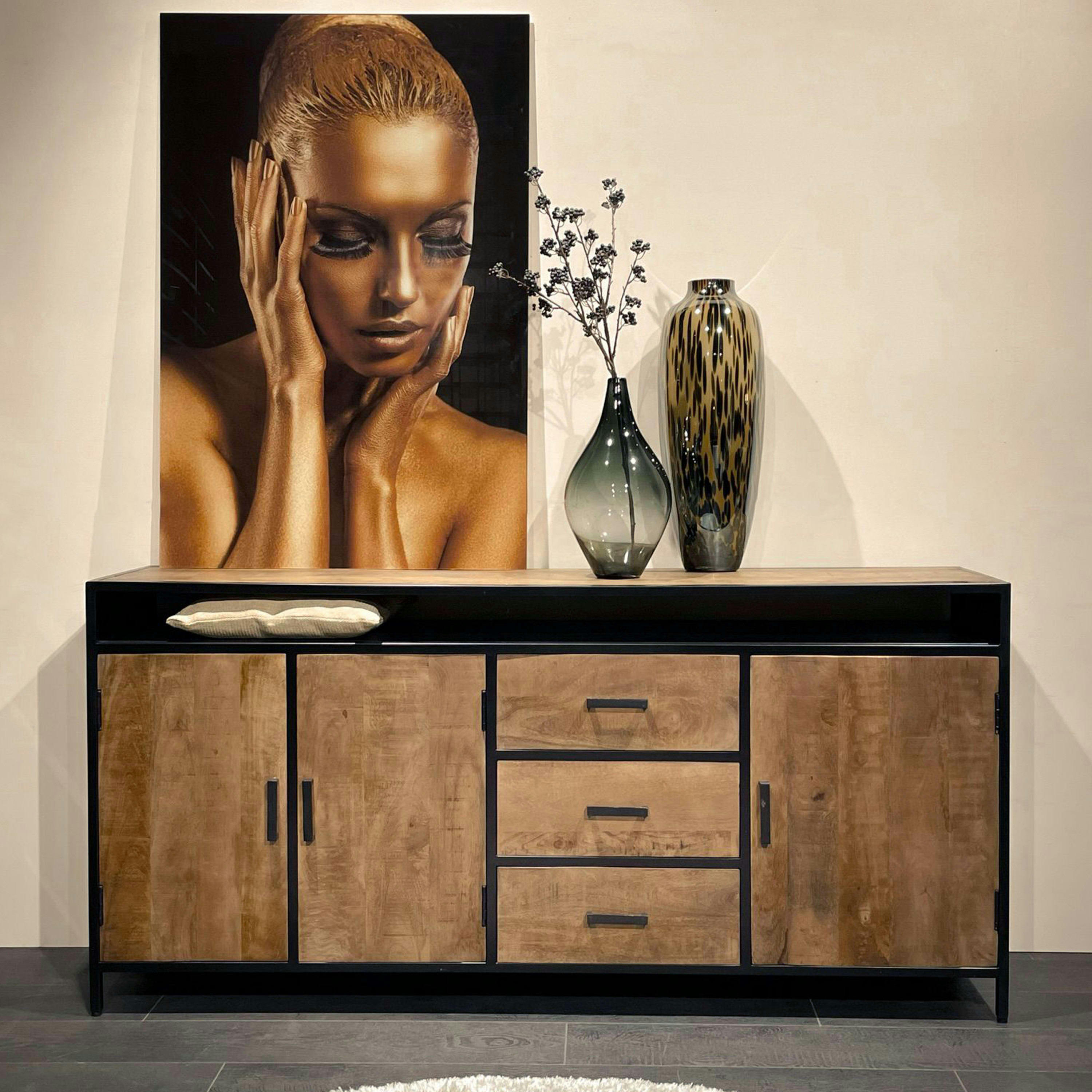 ANGLET - ANGLET-Buffet 3 portes 3 tiroirs , bois de Manguier massif et métal