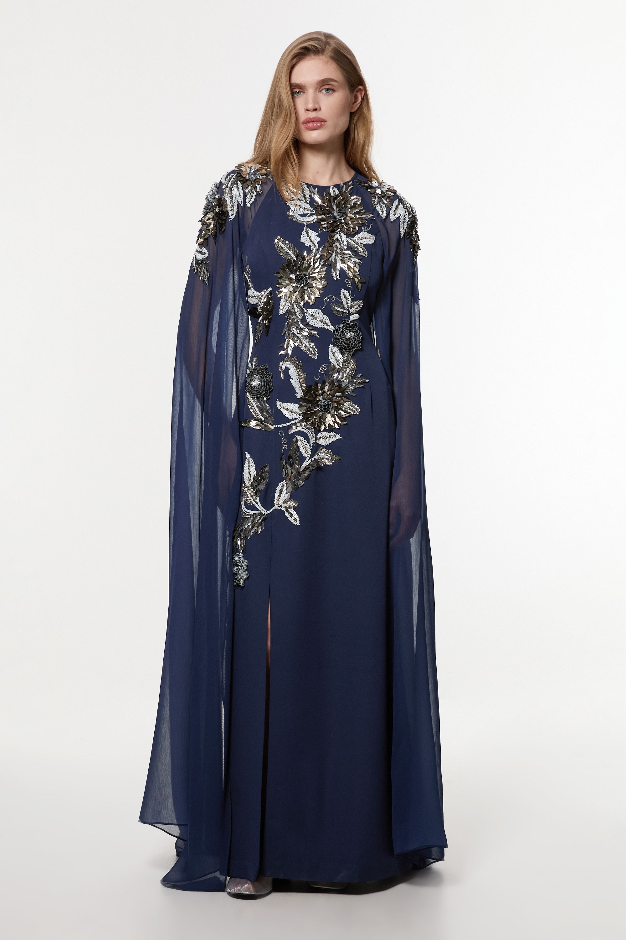 KarenMillen Floral 3D Embellished Drama Cape Sleeve Woven Maxi Dress