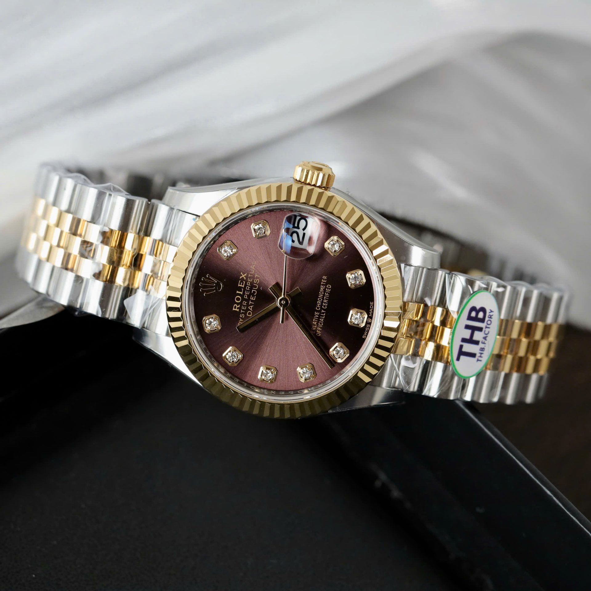 Rolex Datejust SS/YG Plated Wine Dial CZ Diamonds 31mm Jub THBF Replica