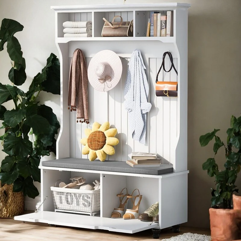 4-in-1 Entryway Bench with Coat Rack and 4-Sturdy Hooks, White