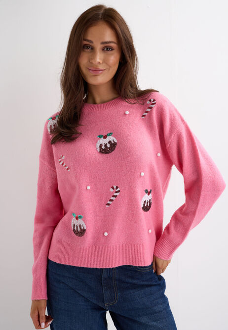 Womens Pink Sequin Christmas Pudding Jumper