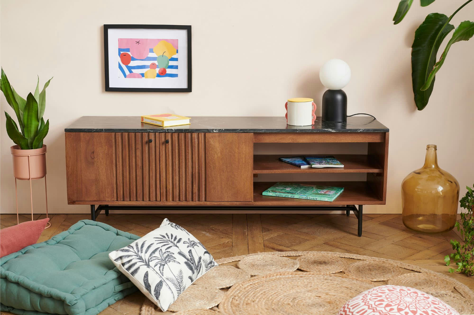 MAQUITA - Meuble TV en manguier et marbre L145