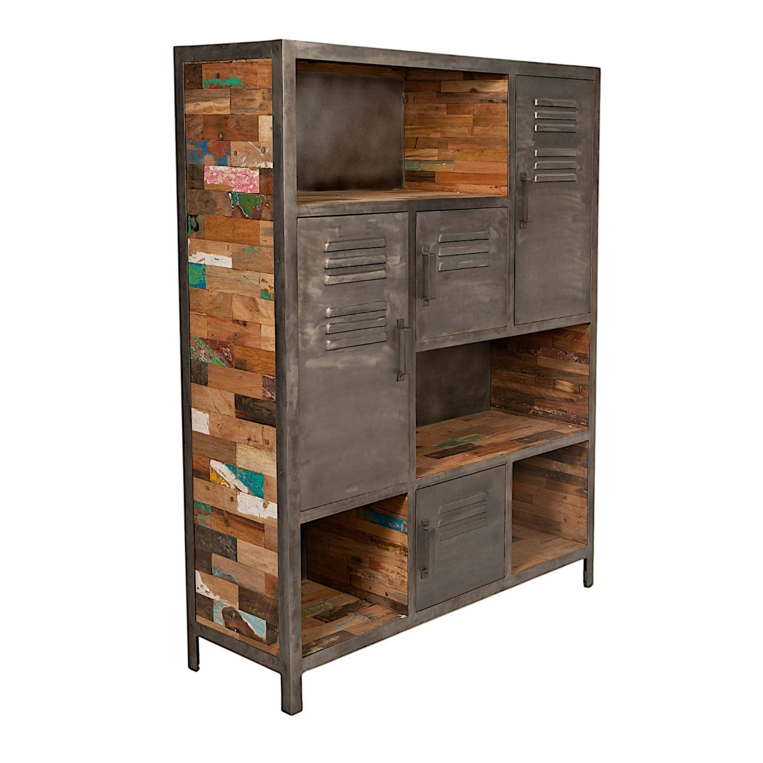 Bibliothèque bois recyclé 4 niches et 4 portes métalliques 125x40x160cm CARAVELLE