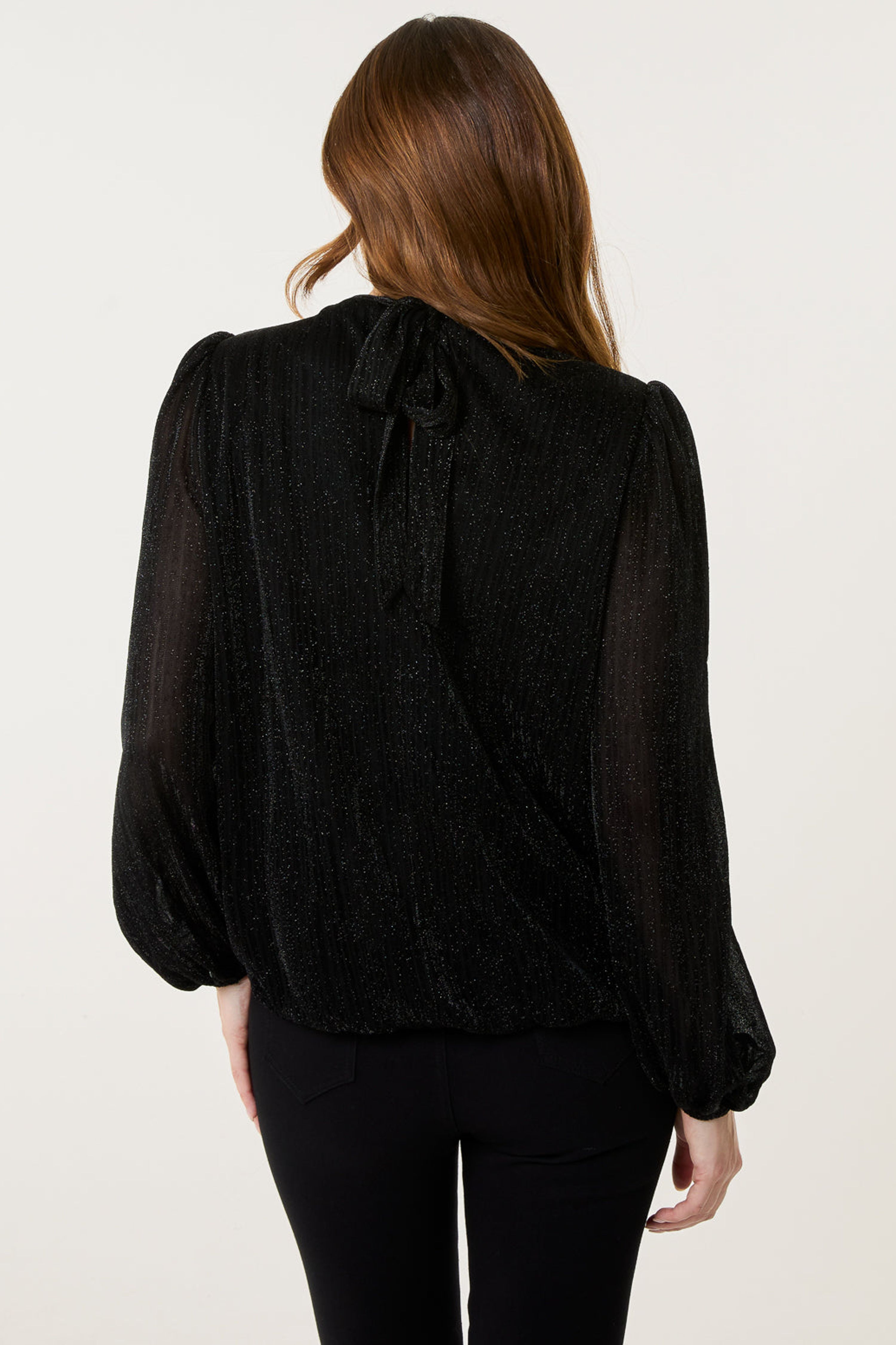 Blue Vanilla Black Metallic High Neck Puff Ball Top