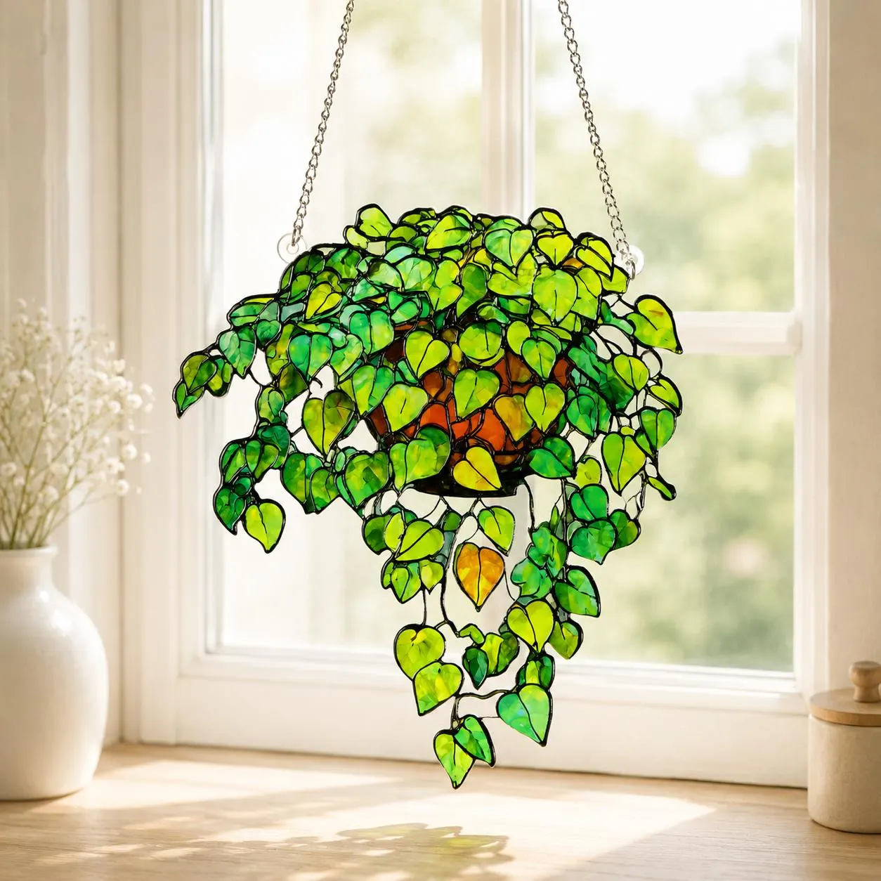 Stained Glass Hanging Plant Suncatcher, Green Leaf Window Decor, Ivy Plant Glass Art, Nature Sun Catcher, Gift for Her