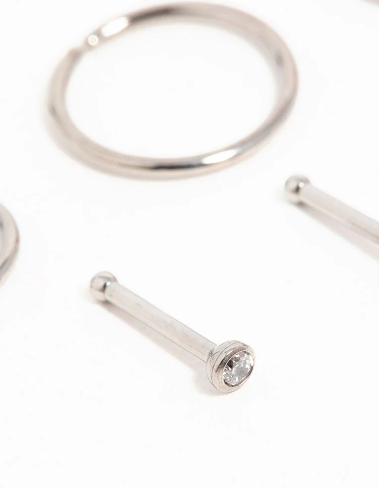 Titanium Cubic Zirconia Classic Nose Studs &  Rings 6-Pack