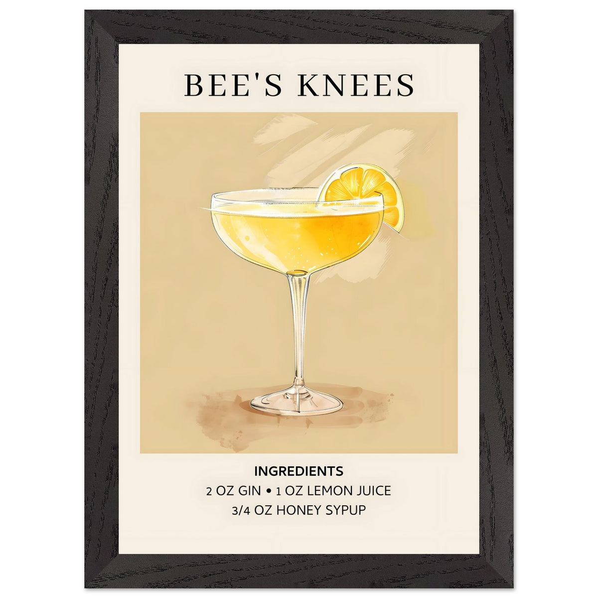 Artfulprints Poster met Lijst Bee's Knees cocktail - Ingrediënten  - A4 21x29.7 cm - Geel