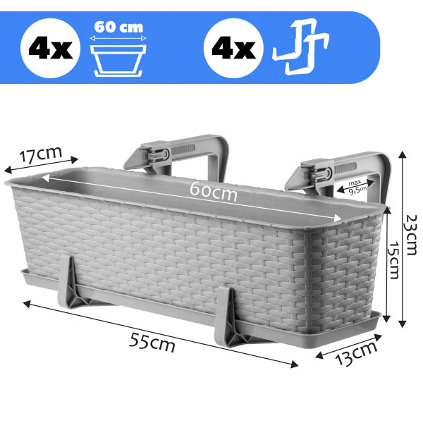 Kadax 4x Skrzynka Balkonowa 60cm   Uchwyty Szara
