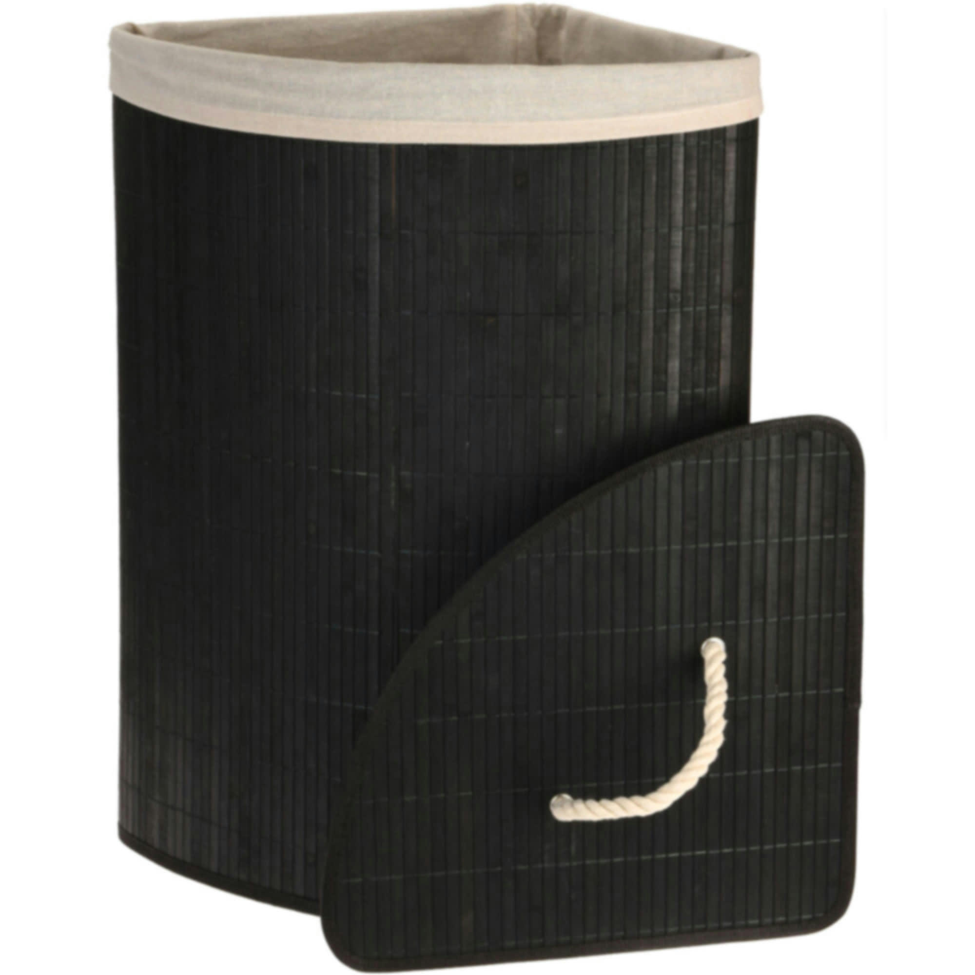 - Panier à linge d'angle noir en bambou et intérieur amovible en coton
