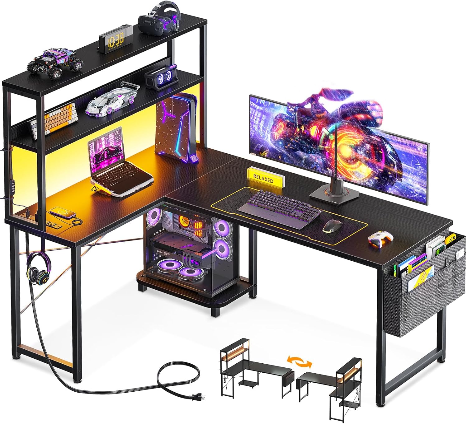 ODK 53 Inch L Shaped Gaming Desk with LED Lighting, Reversible Desk with Power Outlets, Cornor Computer Table with Storage Shelves & Bag & Iron Hook, Home Office Table for Writing, Study, Black