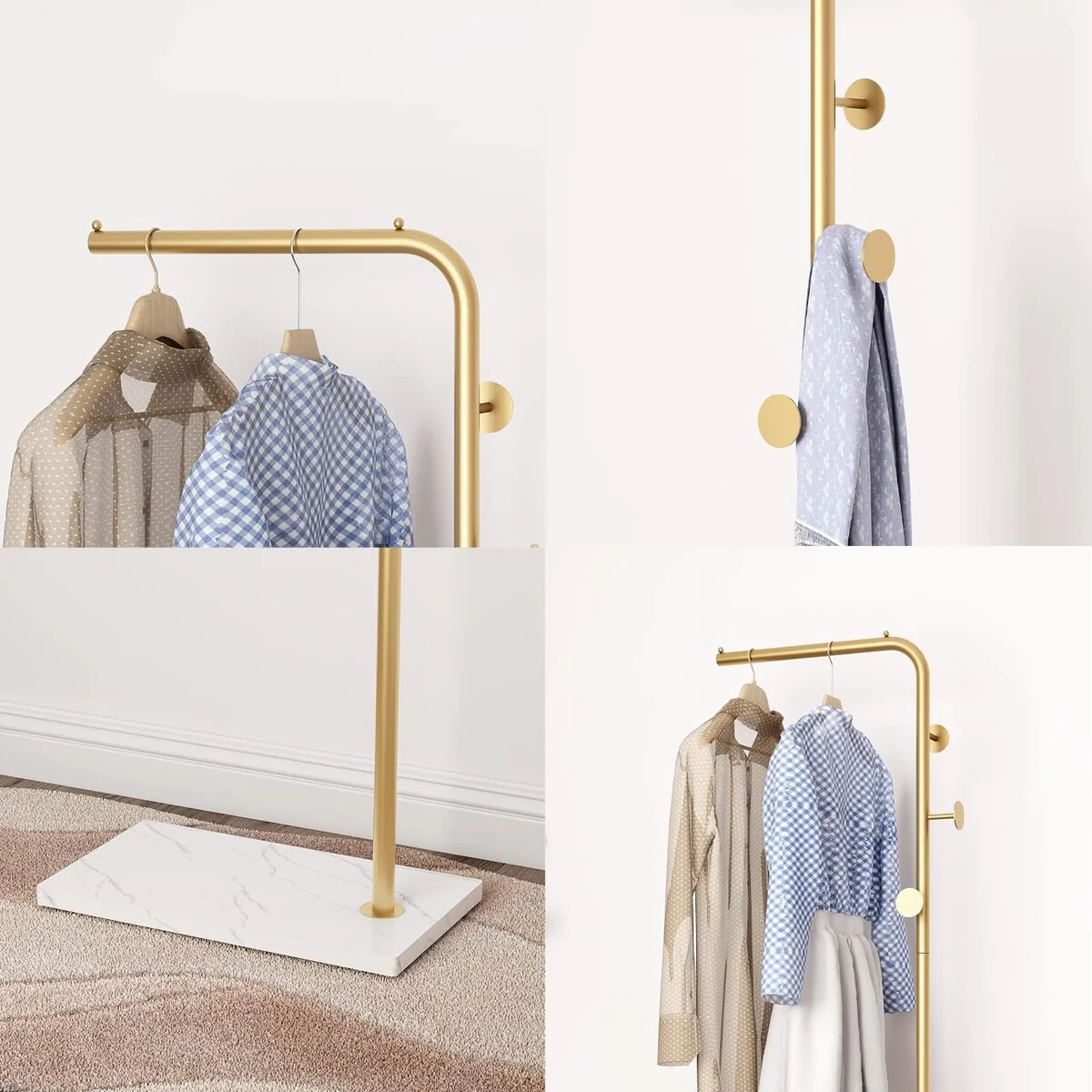 Metal Gold Coat Racks, Standing Coat Rack with Heavy Base, Modern Coat Tree with Crossbar and 3 Hooks