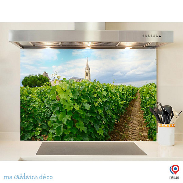 Crédence cuisine fond de hotte Vignoble et église - Verre trempé - L 90 cm x H 50 cm - MaCrédenceDéco