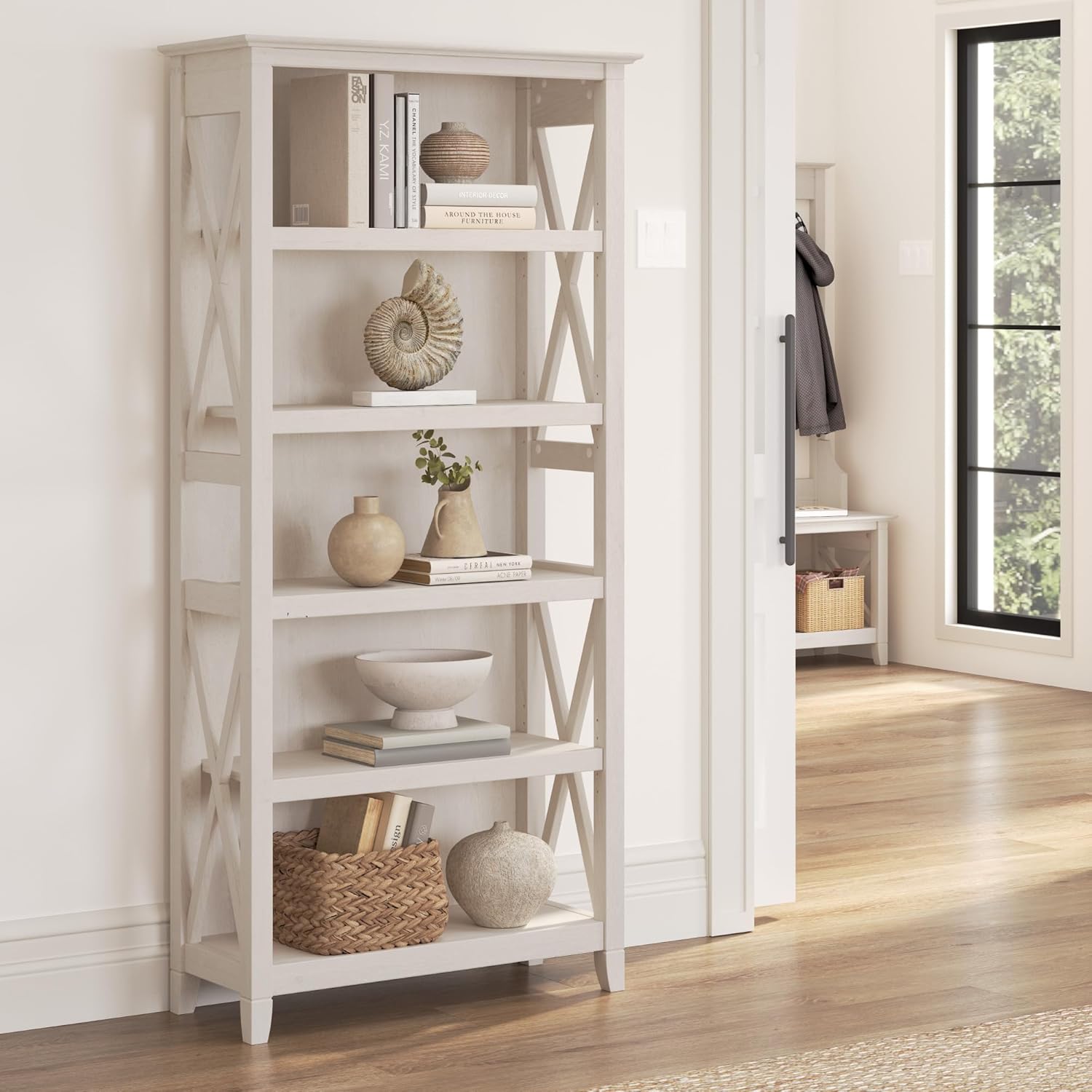 Bush Home Tall 5 Shelf Bookcase for Living Room or Home Office, Large Bookshelf, Modern Farmhouse Style, Key West Collection, Linen White Oak