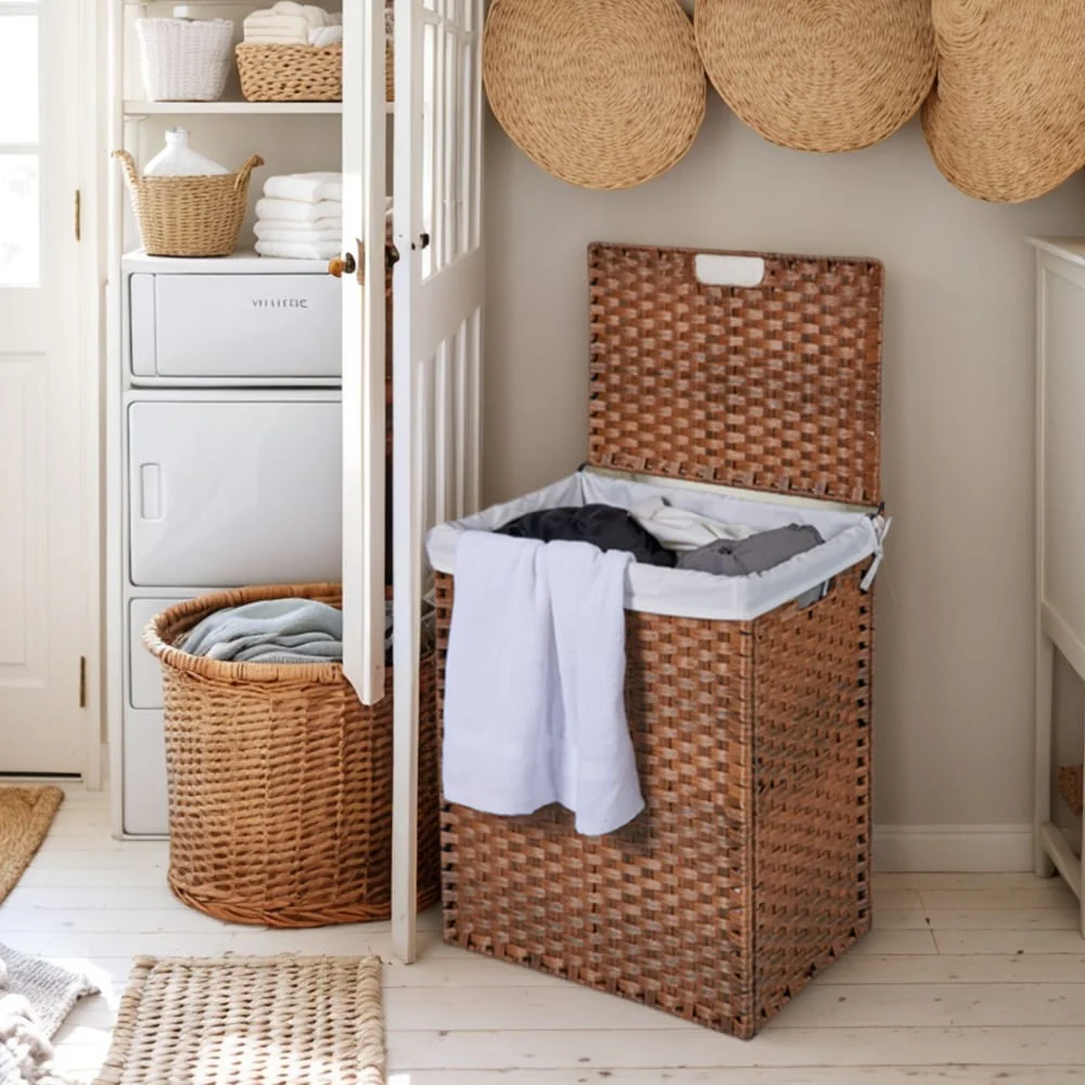 Laundry Hamper with Lid, 100L Wicker Laundry Baskets with 2 Removable Liner Bags - 18Lx13.5W x24H
