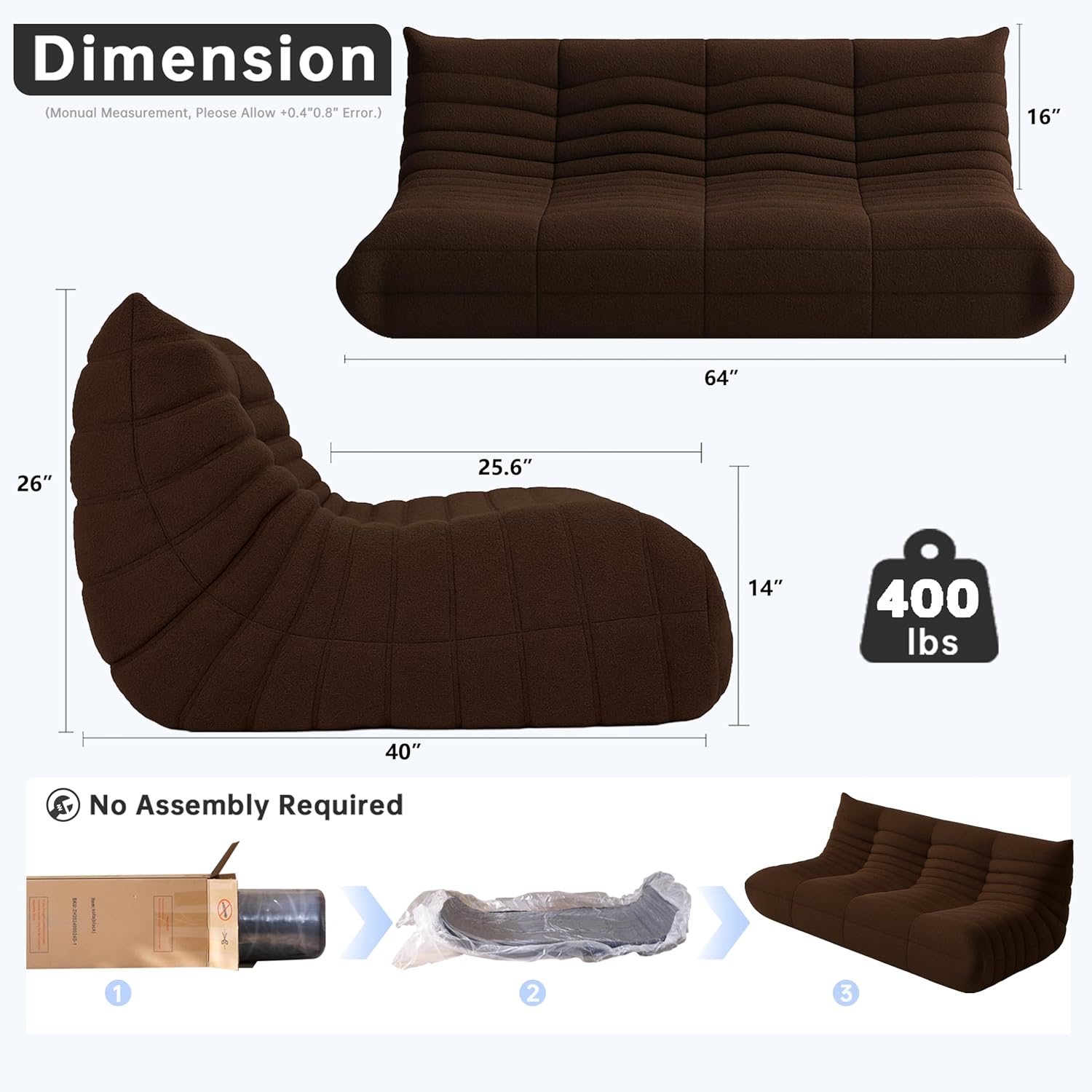 WHGBJA Bean Bag Chairs for Adults, BeanBag Reading Chair Memory Foam Couch 3-Seater, Floor Chair Soft Teddy Material, Comfy Reading Nook Chairs for Bedroom Living Room Office (Brown)