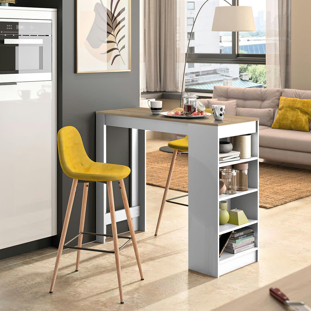 COCOON - Table bar effet bois blanc et chêne naturel - jaune