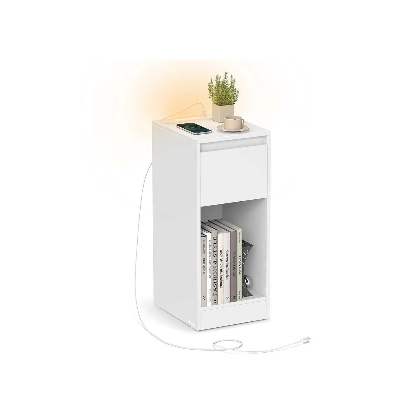 Table de chevet étroite avec LED ports USB tiroir