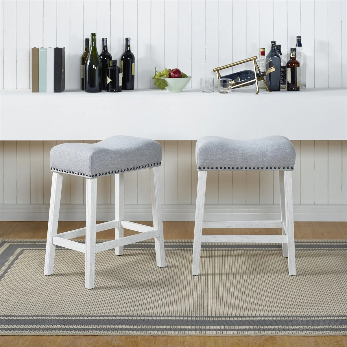 Set of 2 Upholstered Counter Height Backless Saddle Seat Stools