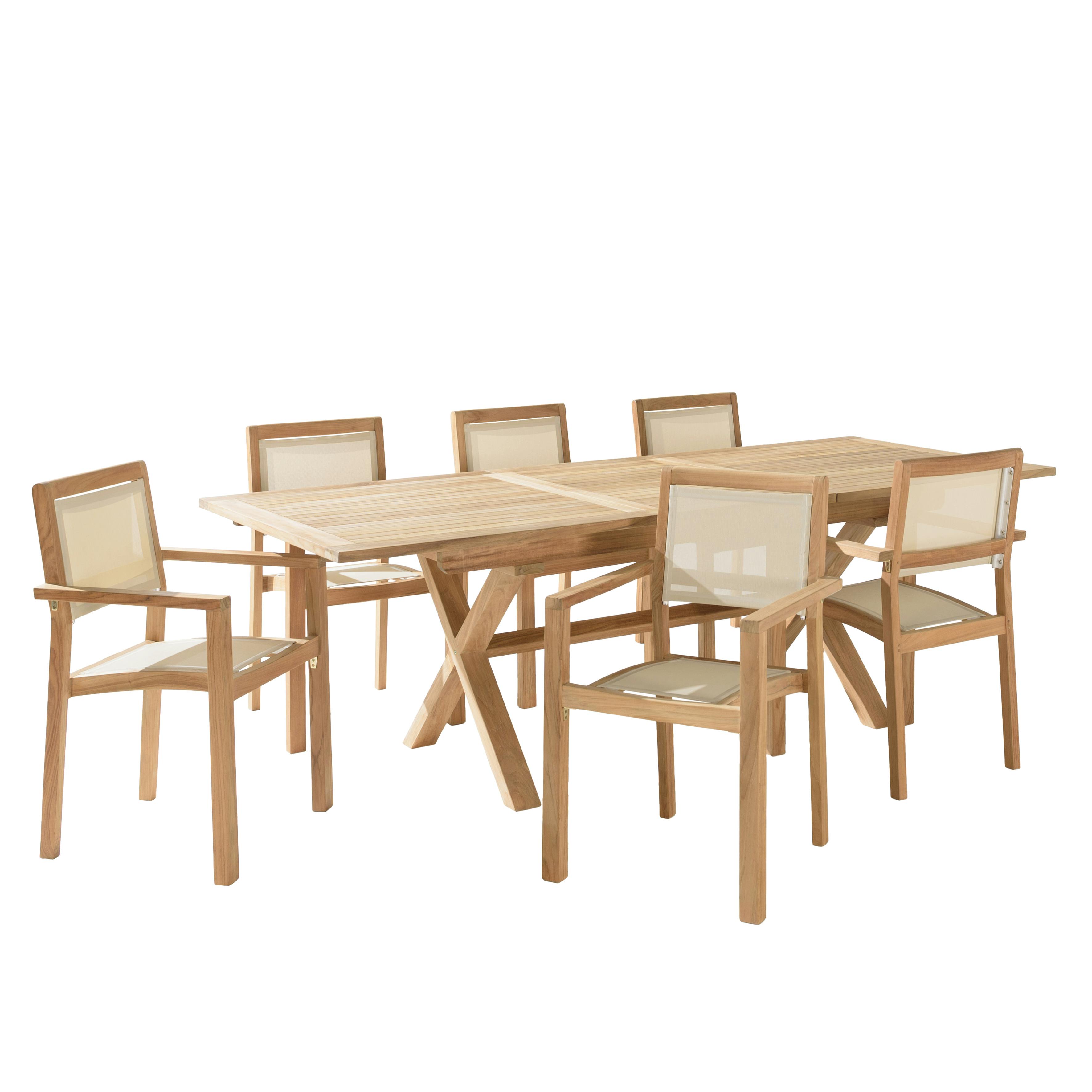 Ensemble de repas extérieur en teck pieds en X 6 fauteuils ALERIA