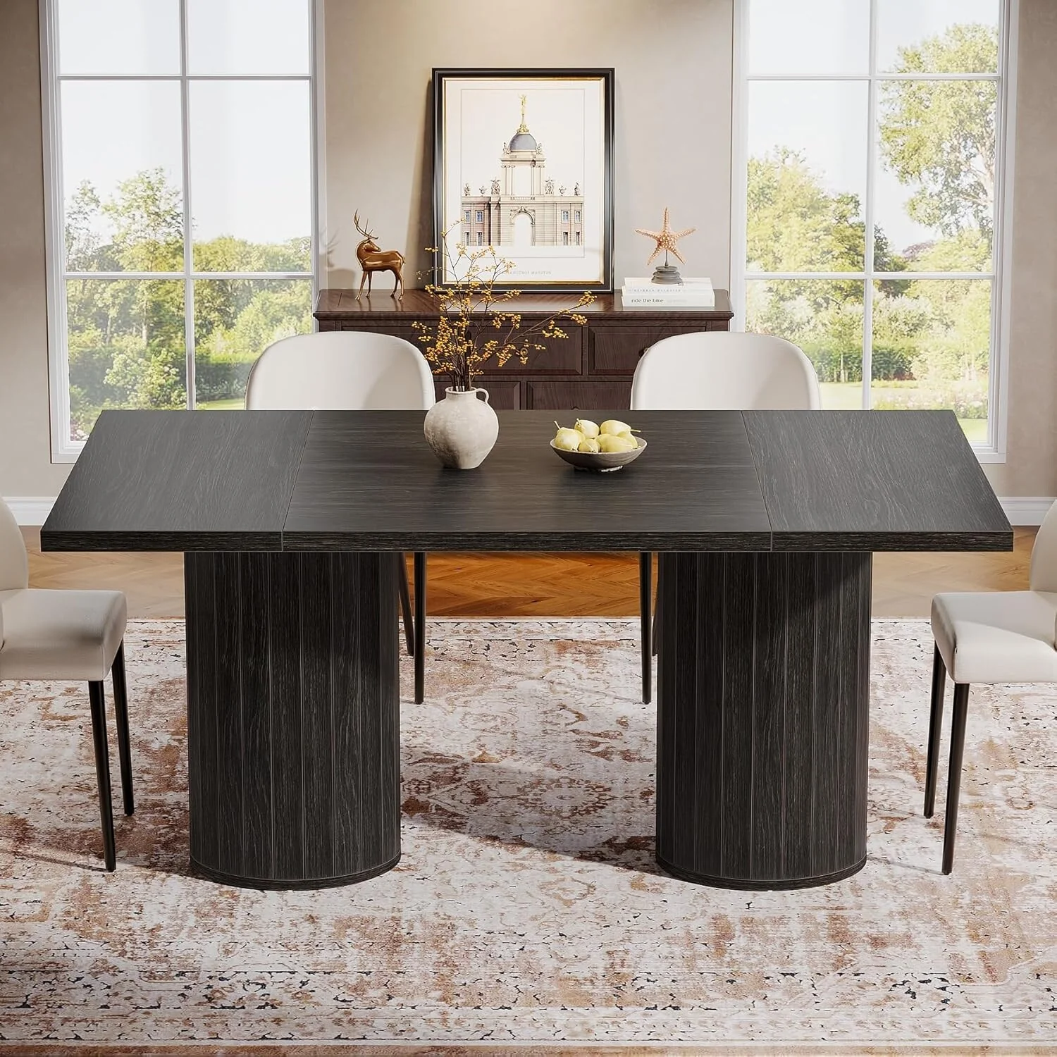 63 Inches Black Engineered Wood Dining Table, Modern Kitchen Table for 6 People