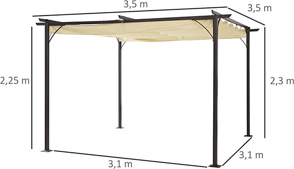 Grande Pergola Rétractable 3.5X3.5 m Structure Métal Epoxy Anticorrosion   Toile Polyester 180 g/m²