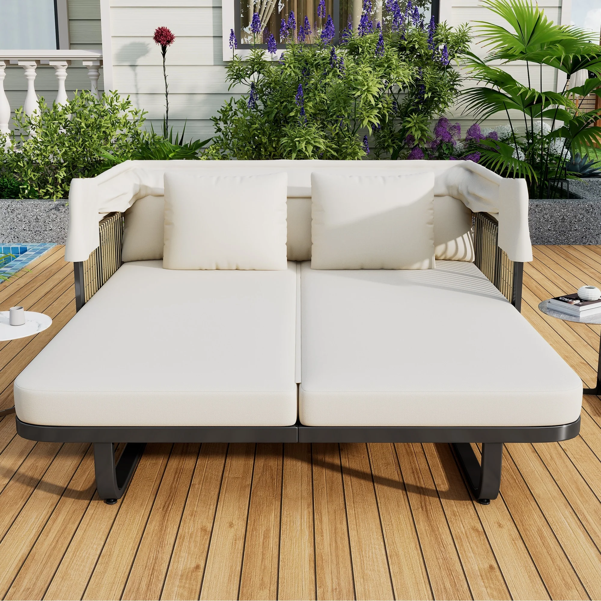 57 Outdoor Patio Daybed Rattan Daybed with Detachable Pillows
