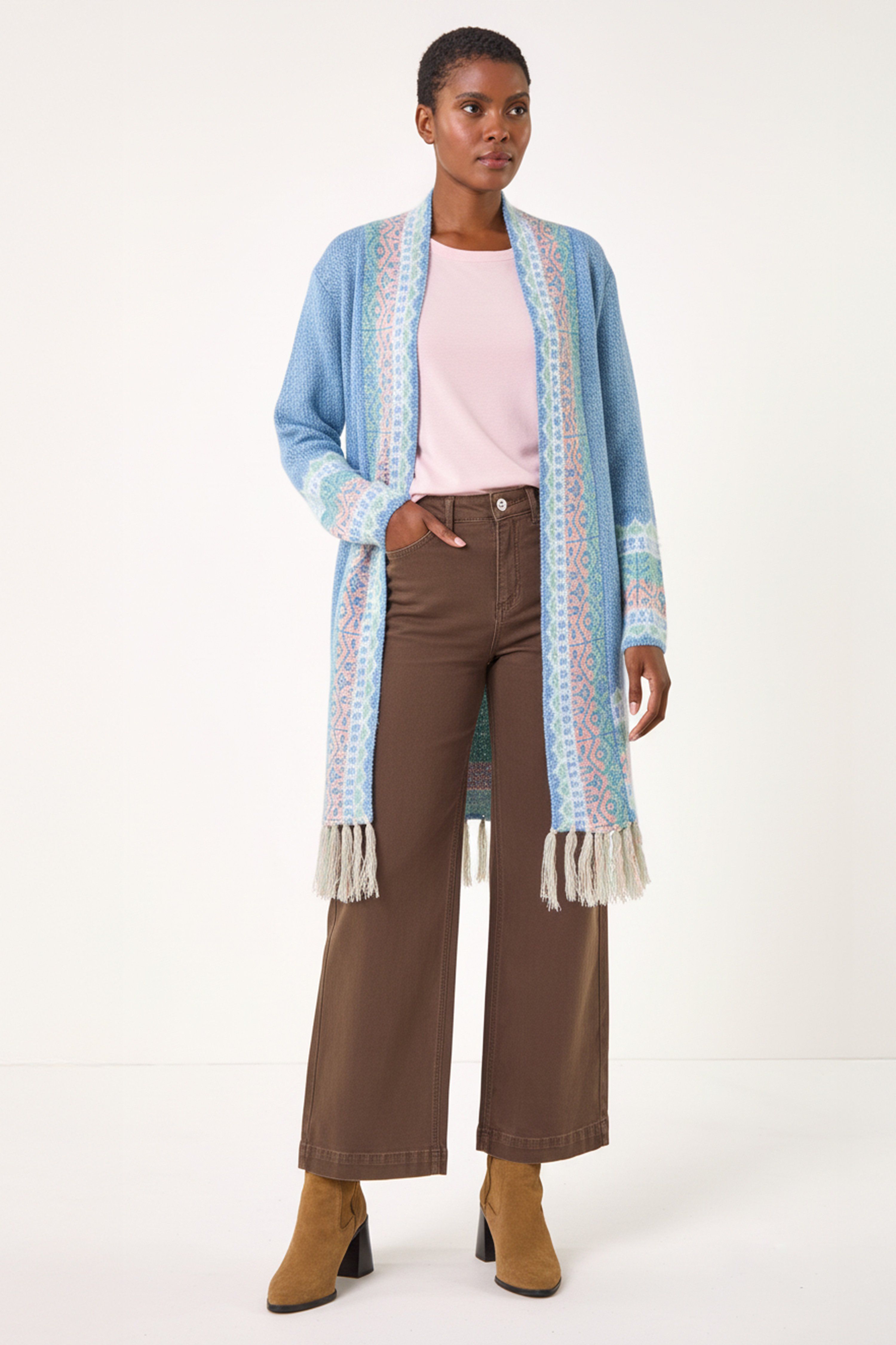 Roman Patterened Fringe Cardigan