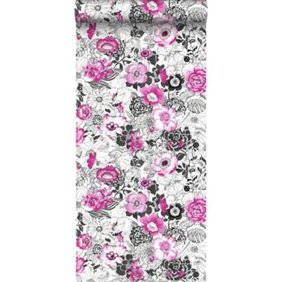 ESTAhome behang - bloemen - roze en zwart - 53 cm x 10,05 m