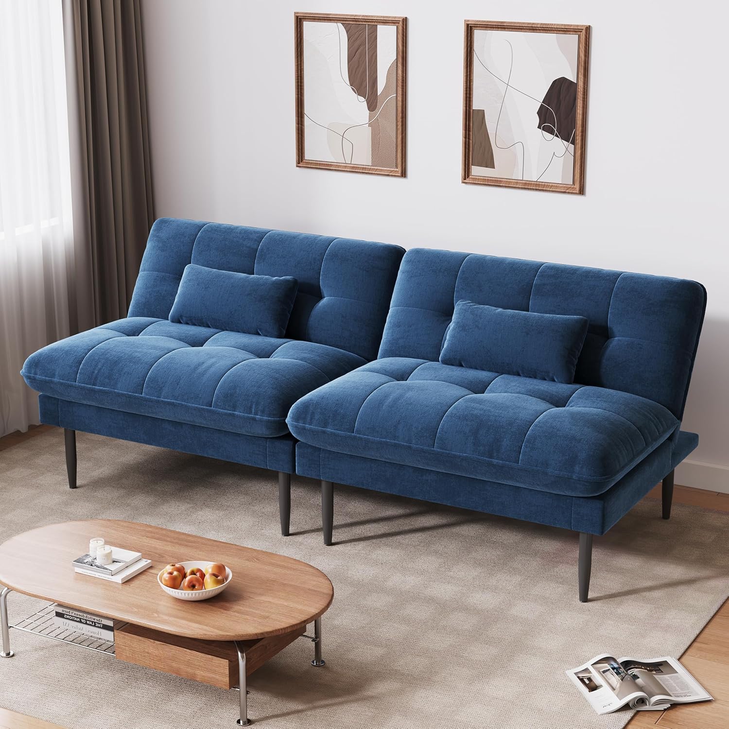 NEDYO 70 inch Convertible Futon Sofa Bed, Velvet Sleeper Sofa with Adjustable Backrest, Thick Fill and Convertible Modules, 4 in 1 Loveseat Couch for Living Room, Blue