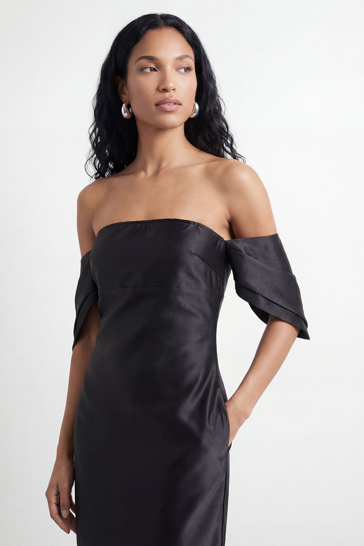 Warehouse Petite Structured Puff Sleeve Bardot Midi Dress