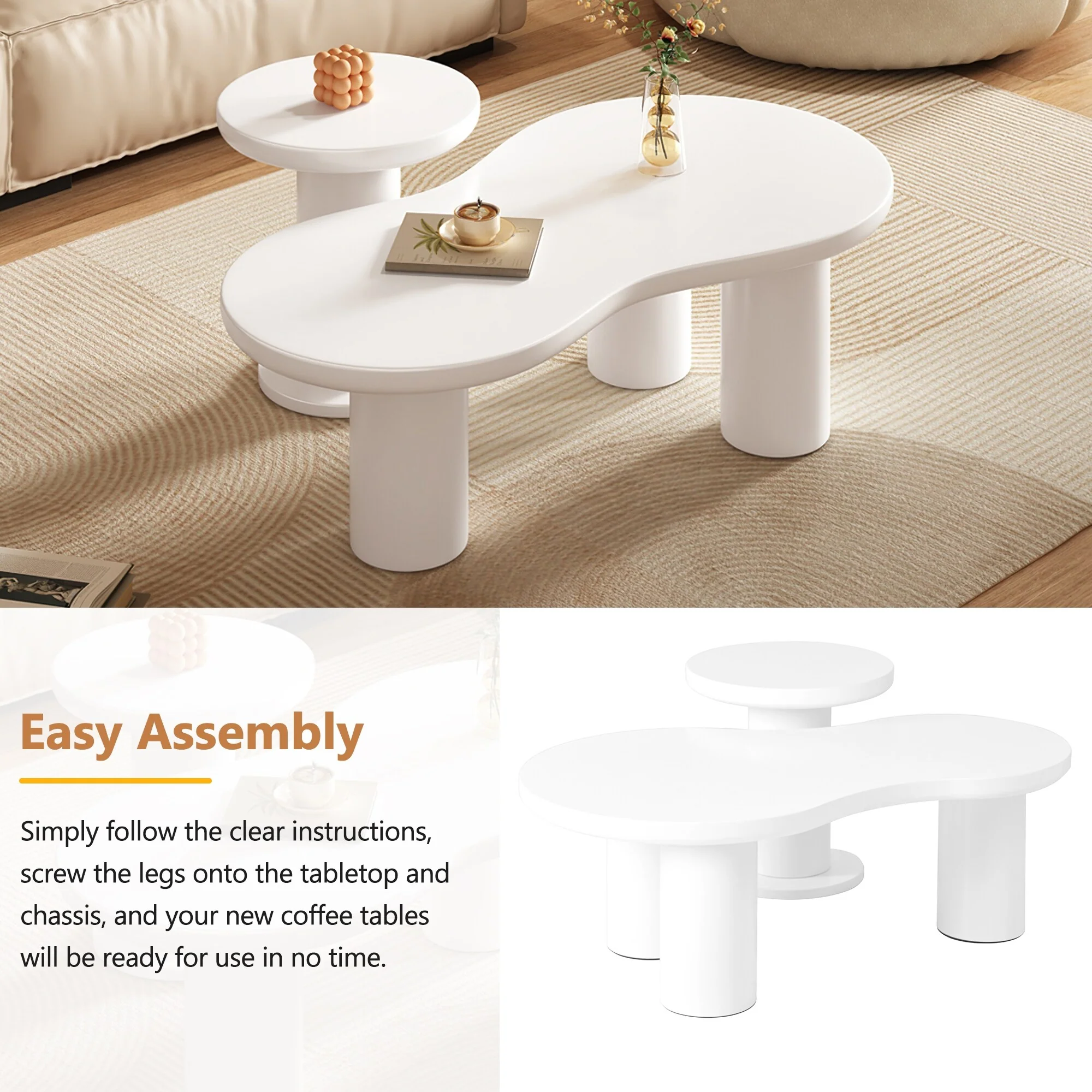 Nesting Coffee Table Set of 2 Home Cloud Accent Table with Round Small Side Table, Irregular Center Table with Thick Legs，