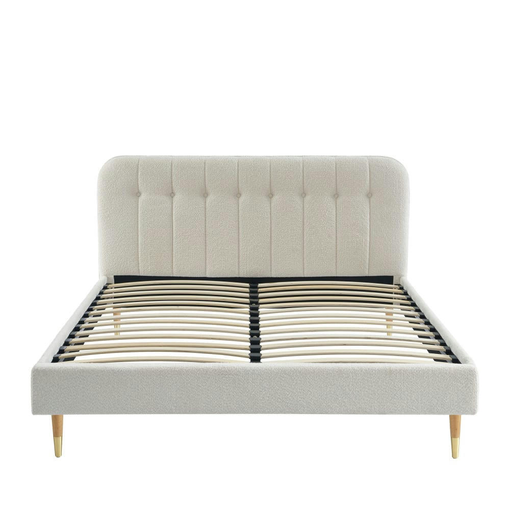 TORGO - Lit matelassé en tissu bouclette pieds bois clair 160x200cm ecru