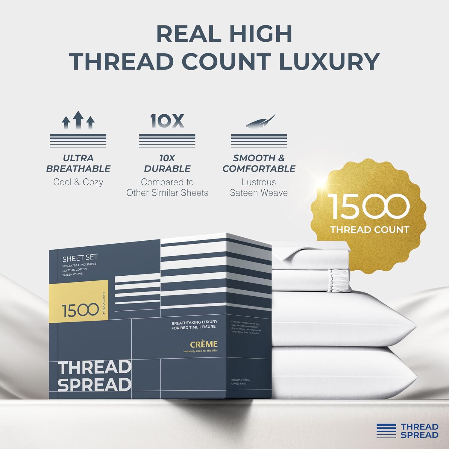 THREAD SPREAD 100% Egyptian Cotton Sheets California King Size - 1500 Thread Count 4 PC Cal King Sheets Egyptian Cotton, Soft, Cooling Sateen Sheet, High Thread Count Sheet California King - White