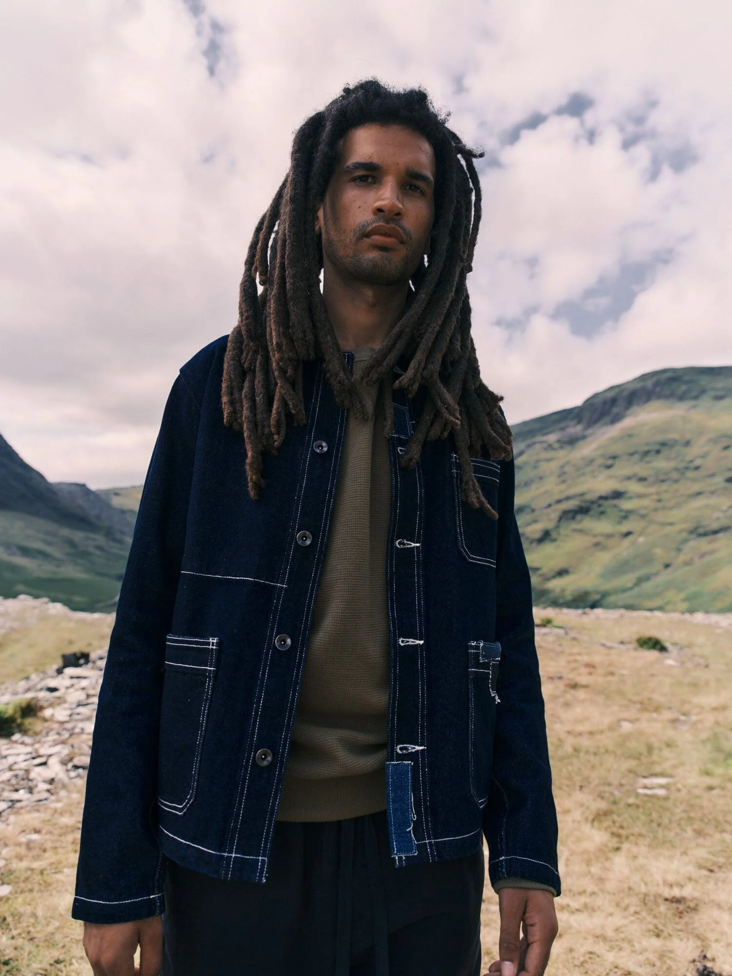 Brecon Denim Patched Chore Jacket in Indigo