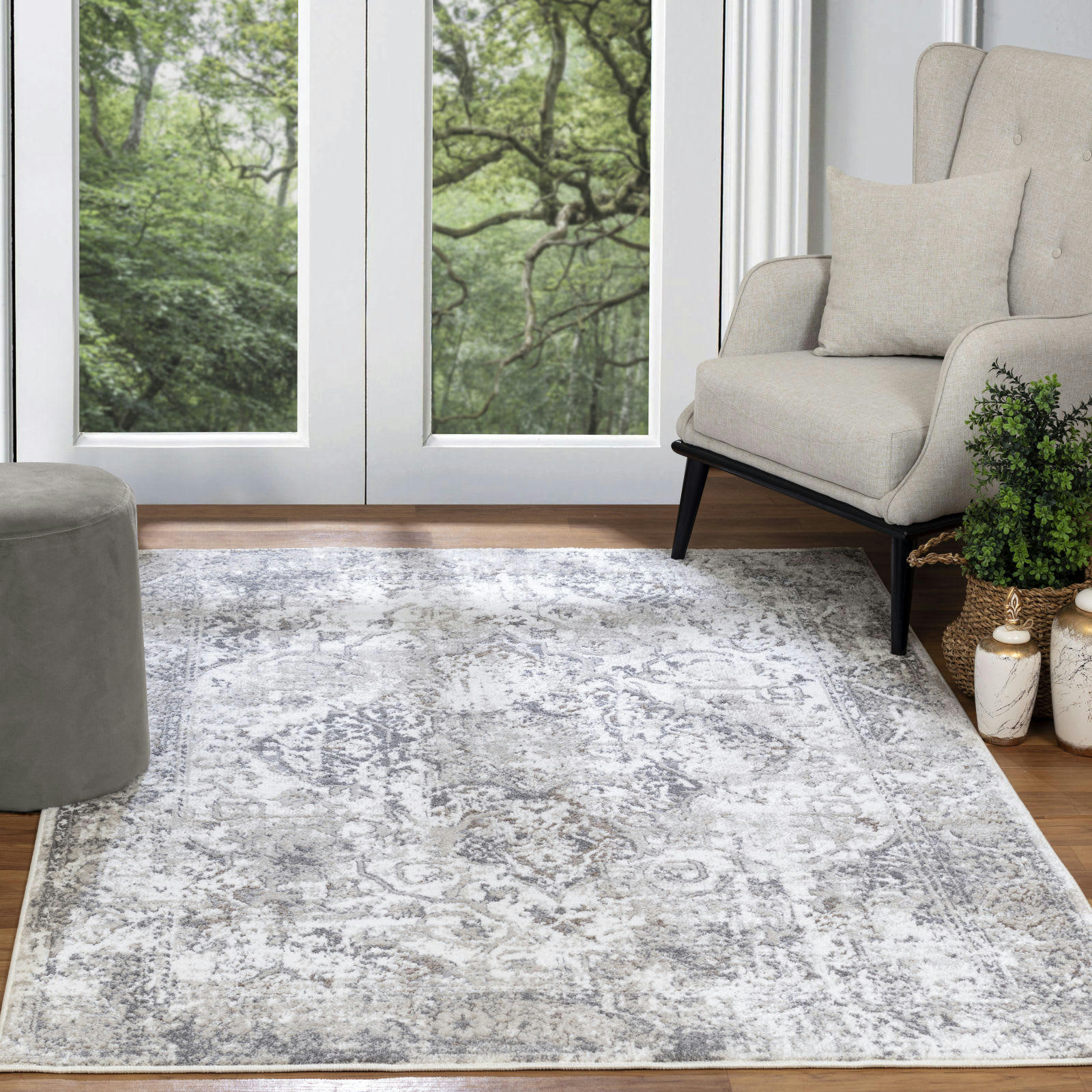 FATIMA - Tapis Vintage Oriental Blanc/Gris Clair 120x170