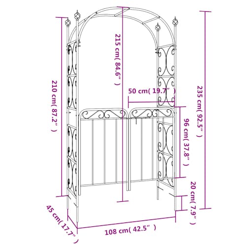 NNEVL Garden Arch with Gate Black 108x45x235 cm Steel