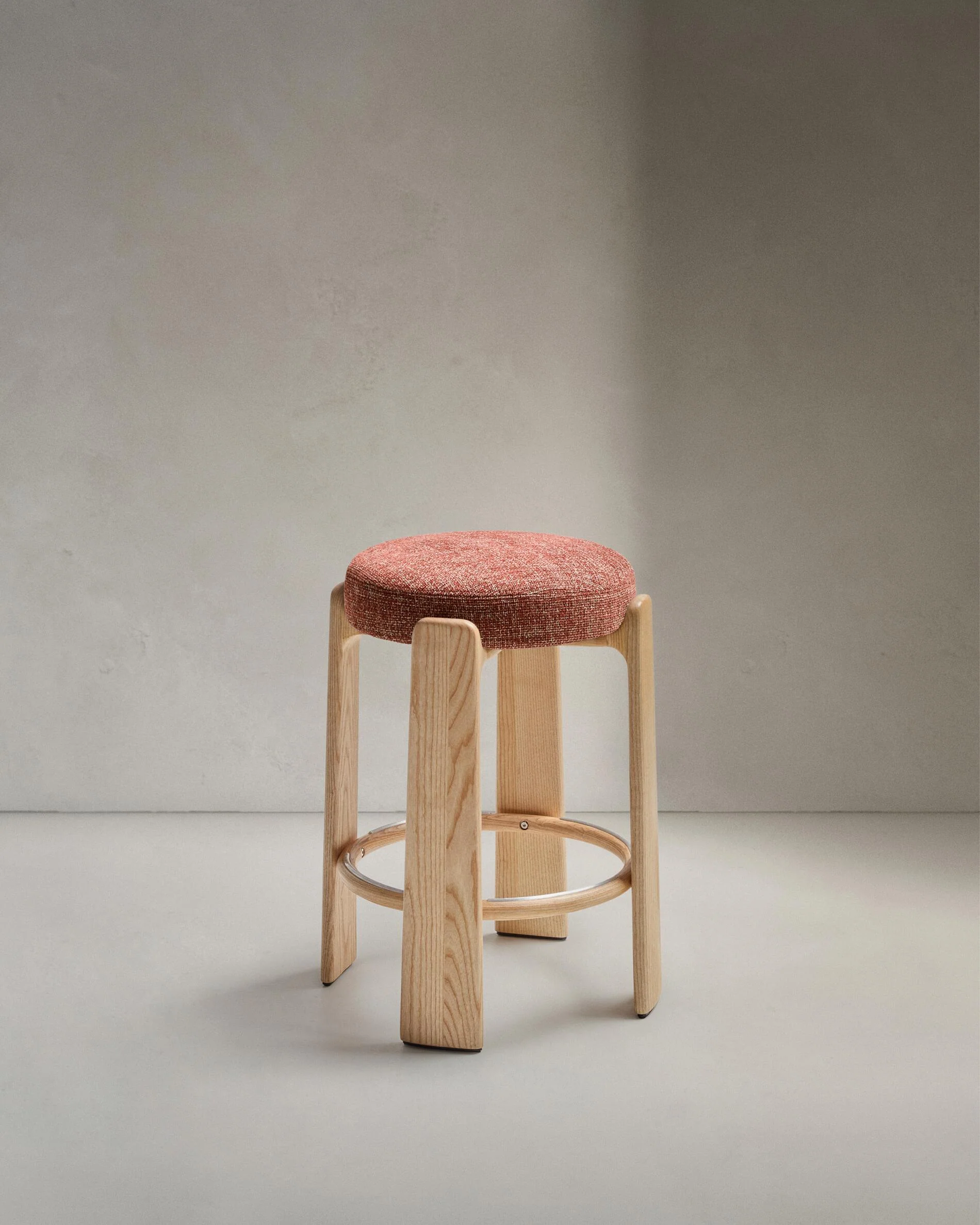 Granite stool in terracotta chenille and solid ash wood with a natural tone finish FSC 100% 65cm