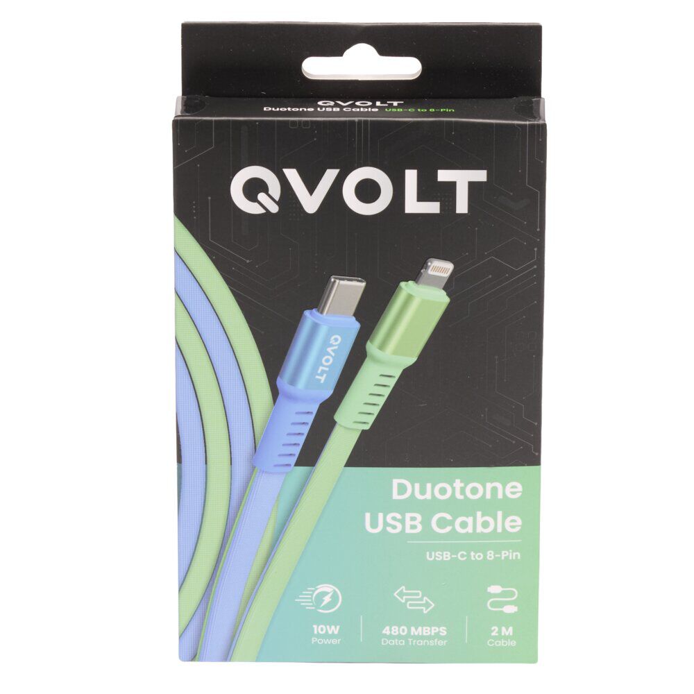 Câble USB-C vers Lightning charge rapide bicolore vert et bleu 2m