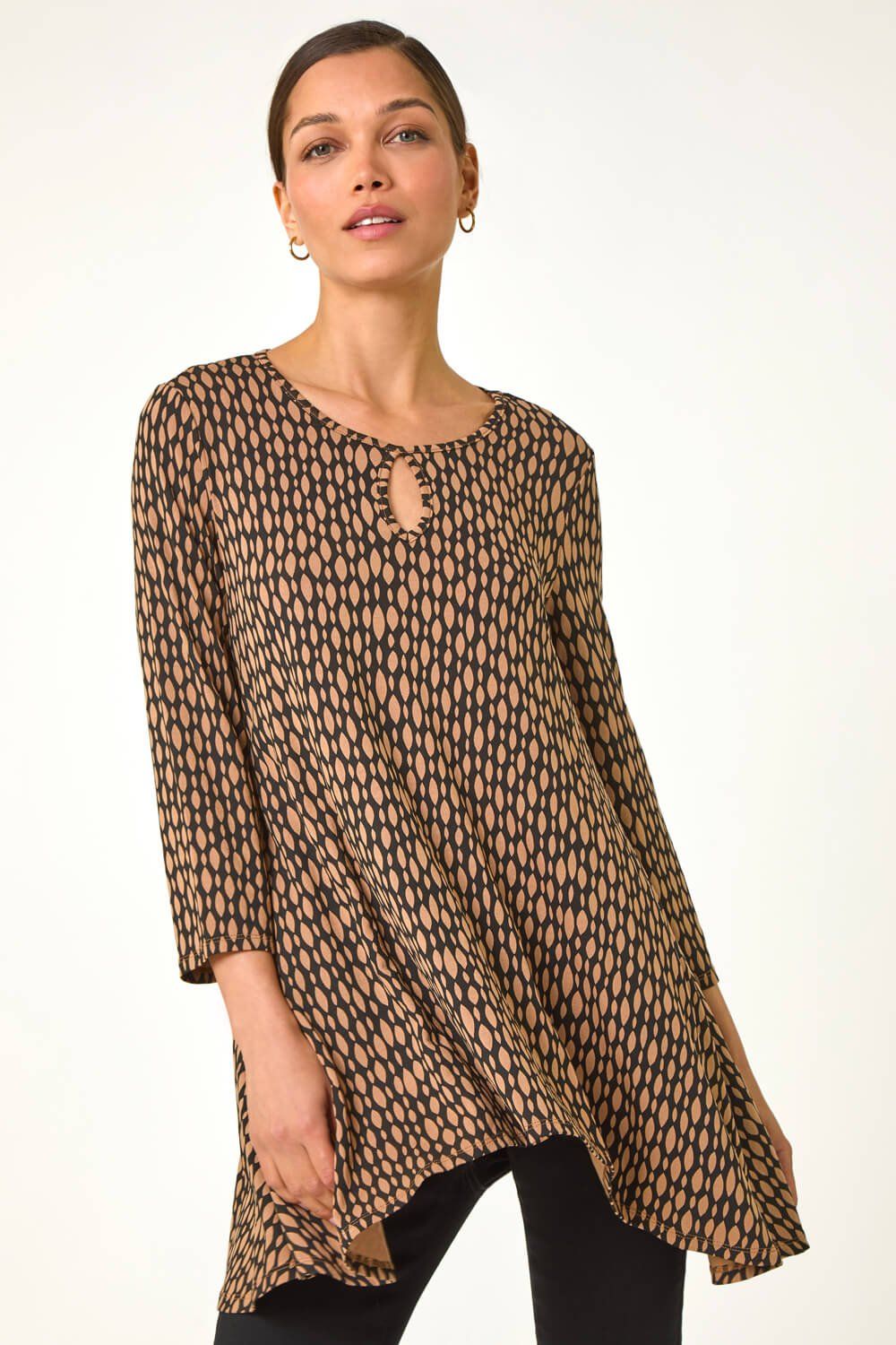 Roman Abstract Linear Print Cutout Tunic Top