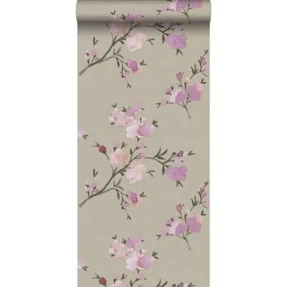 ESTAhome behang - kersenbloesems - taupe en lila - 53 cm x 10,05 m