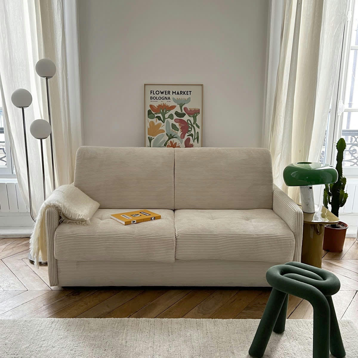 SIENNE - Canapé convertible 3 places en velours côtelé beige