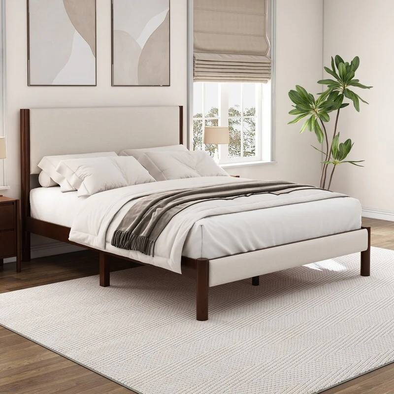 3 Pieces Bedroom Sets Upholestered Walnut Wood Queen Platform Bed with 2 Nightstands
