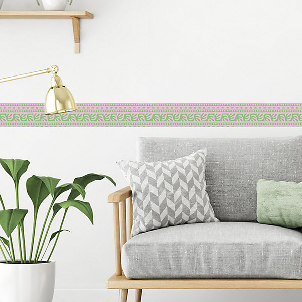 Frise adhésive déco murale, style géométrique, 5 cm X 300 cm, rose et verte.