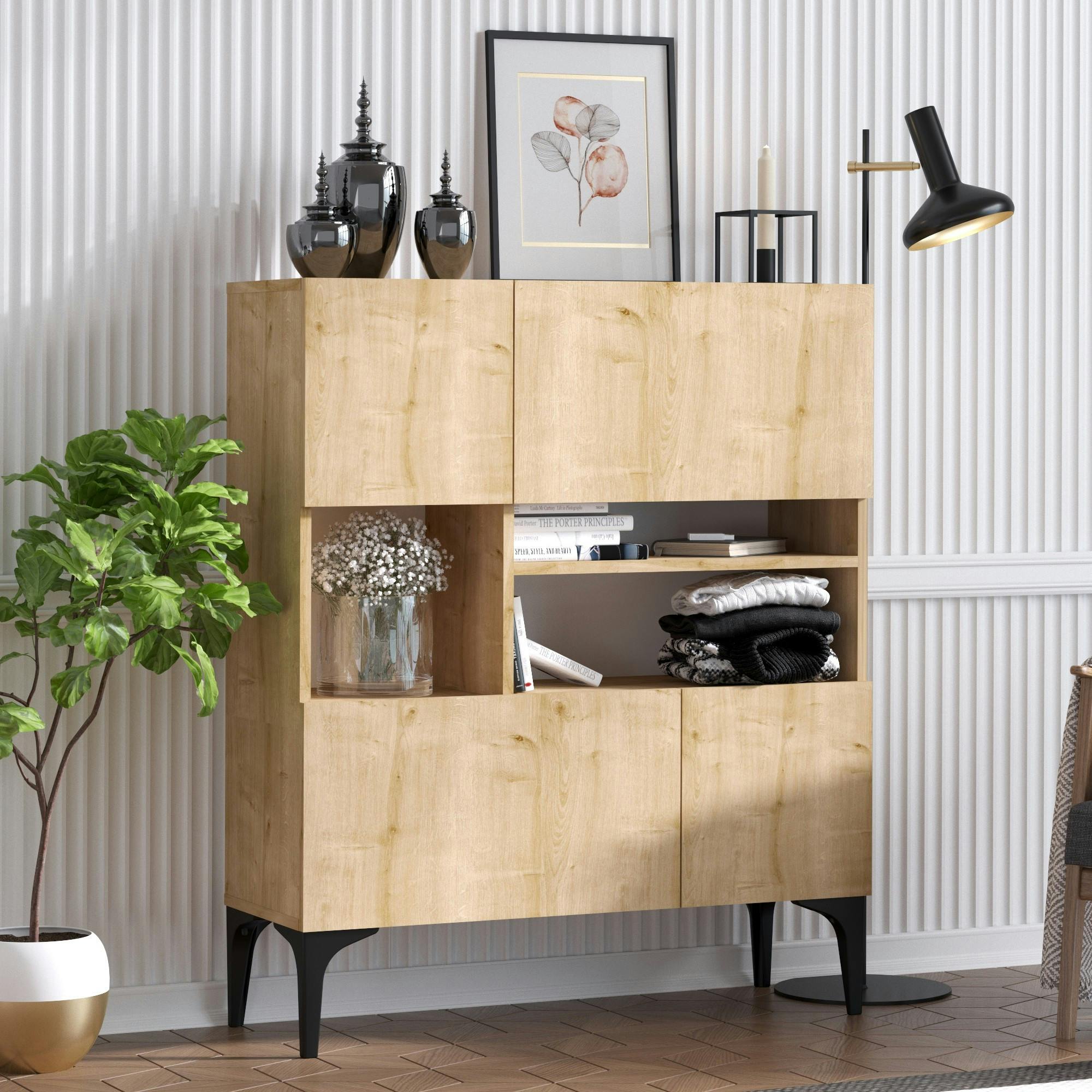 Buffet haut moderne effet chêne - 3 niches centrales JENA