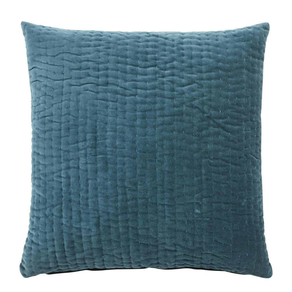 - Coussin en velours de coton bleu canard motif surpiqué 60x60