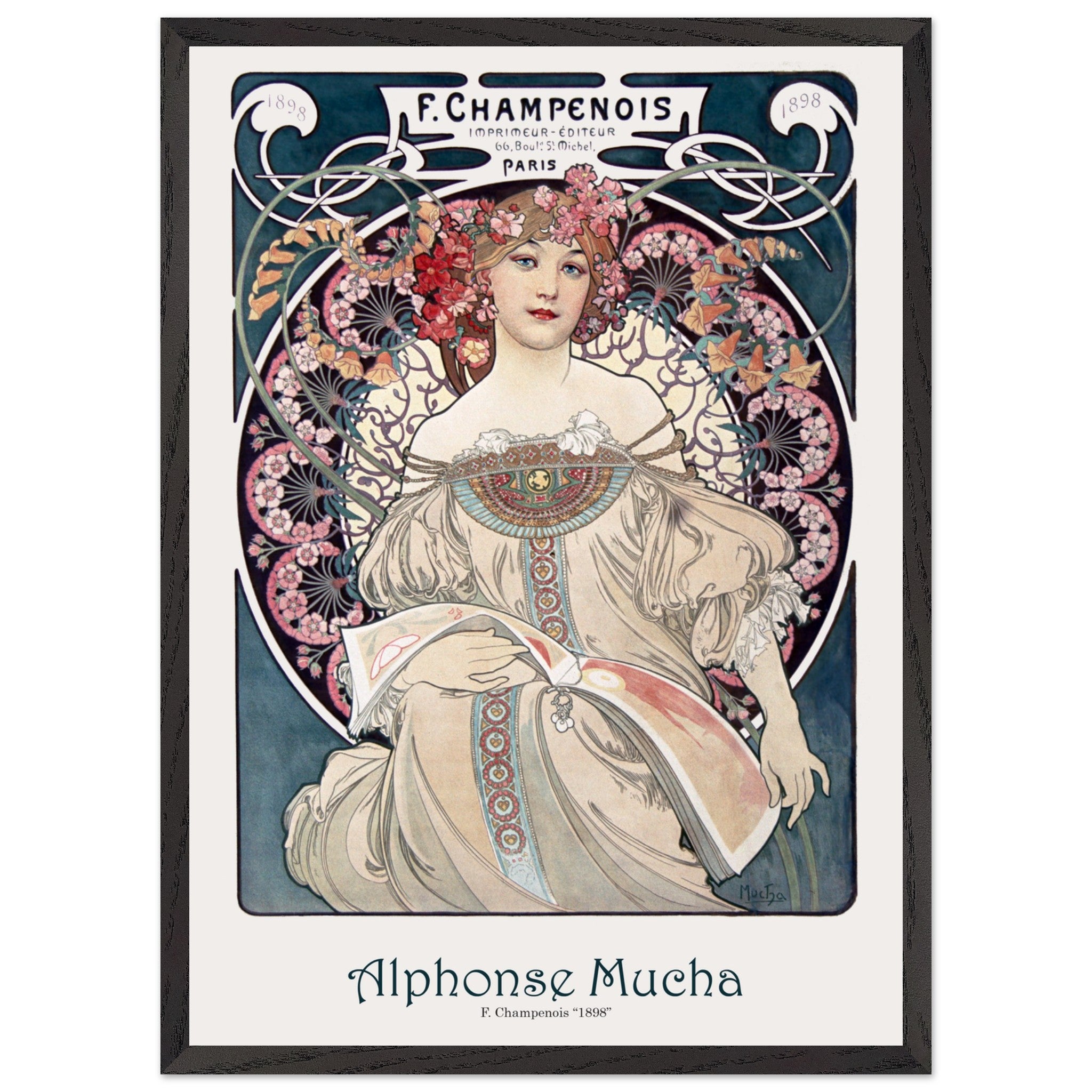 Artfulprints Poster met Lijst Alphonse Mucha - F. Champenois  - 50x70 cm - Blauw