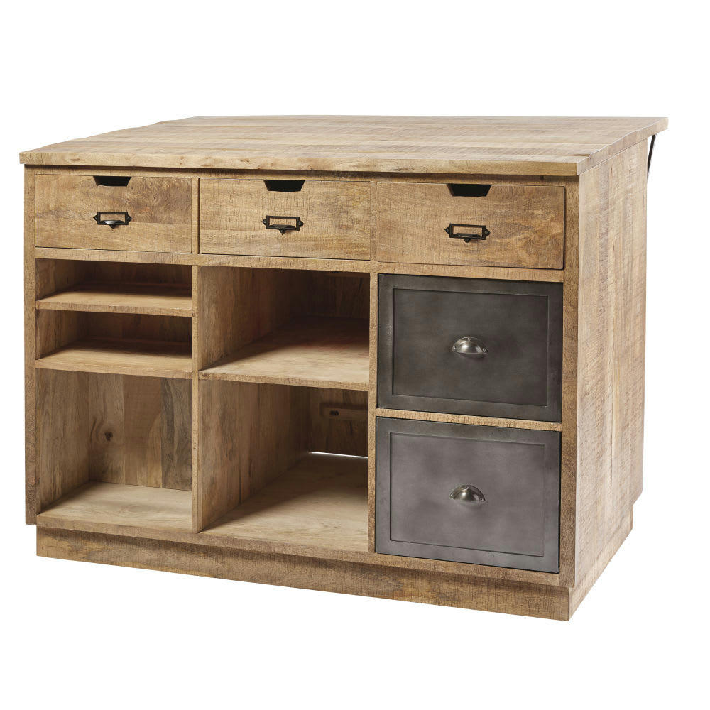 Melchior - Îlot central cuisine en manguier massif et métal gris