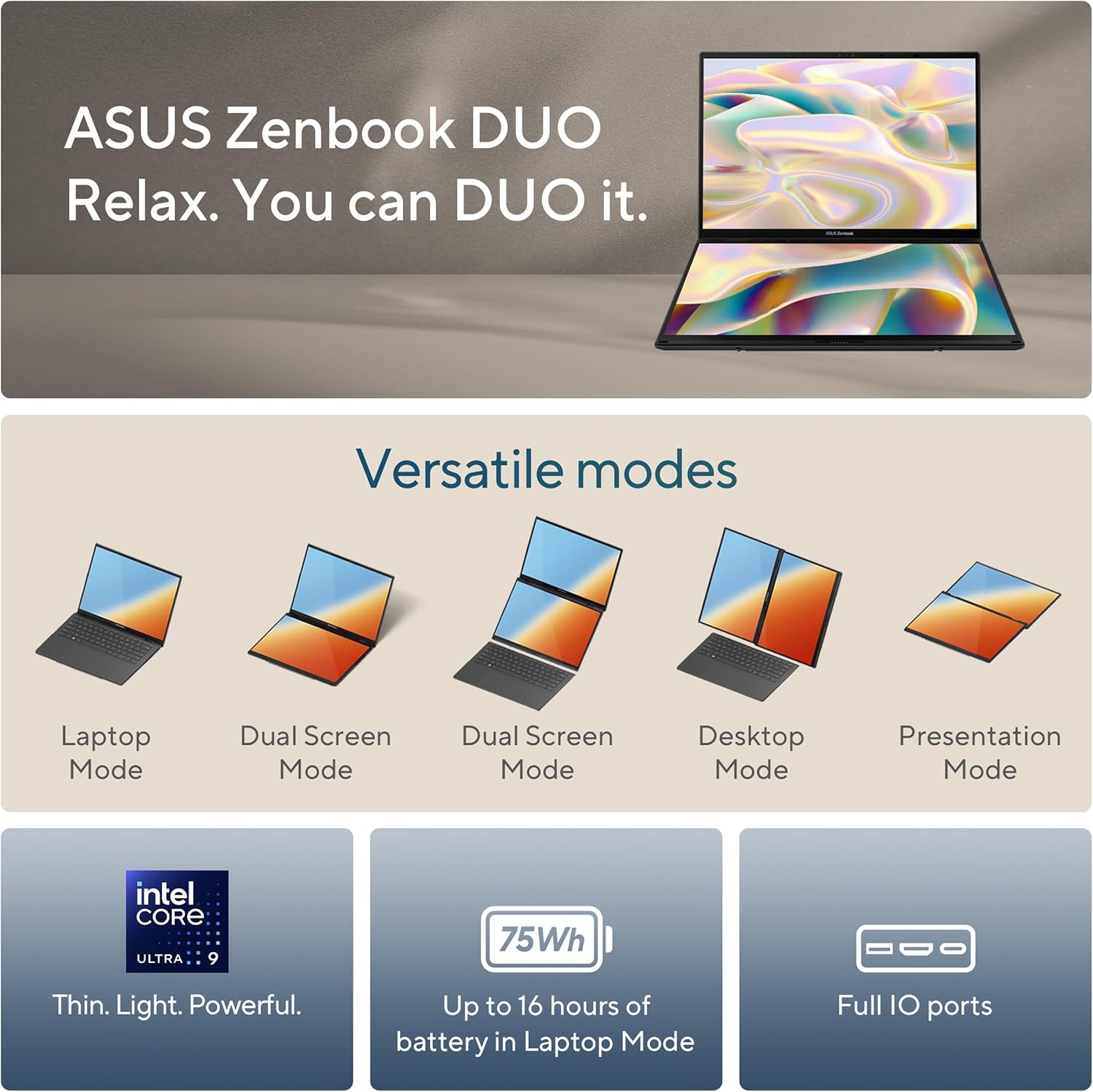 ASUS Zenbook Duo Laptop  Dual 14” OLED 3K 120Hz Touch Display  Evo  Intel Core Ultra 9 285H  Intel Arc Graphics  32GB RAM  1TB SSD  Windows 11  UX8406CA-PS99T
