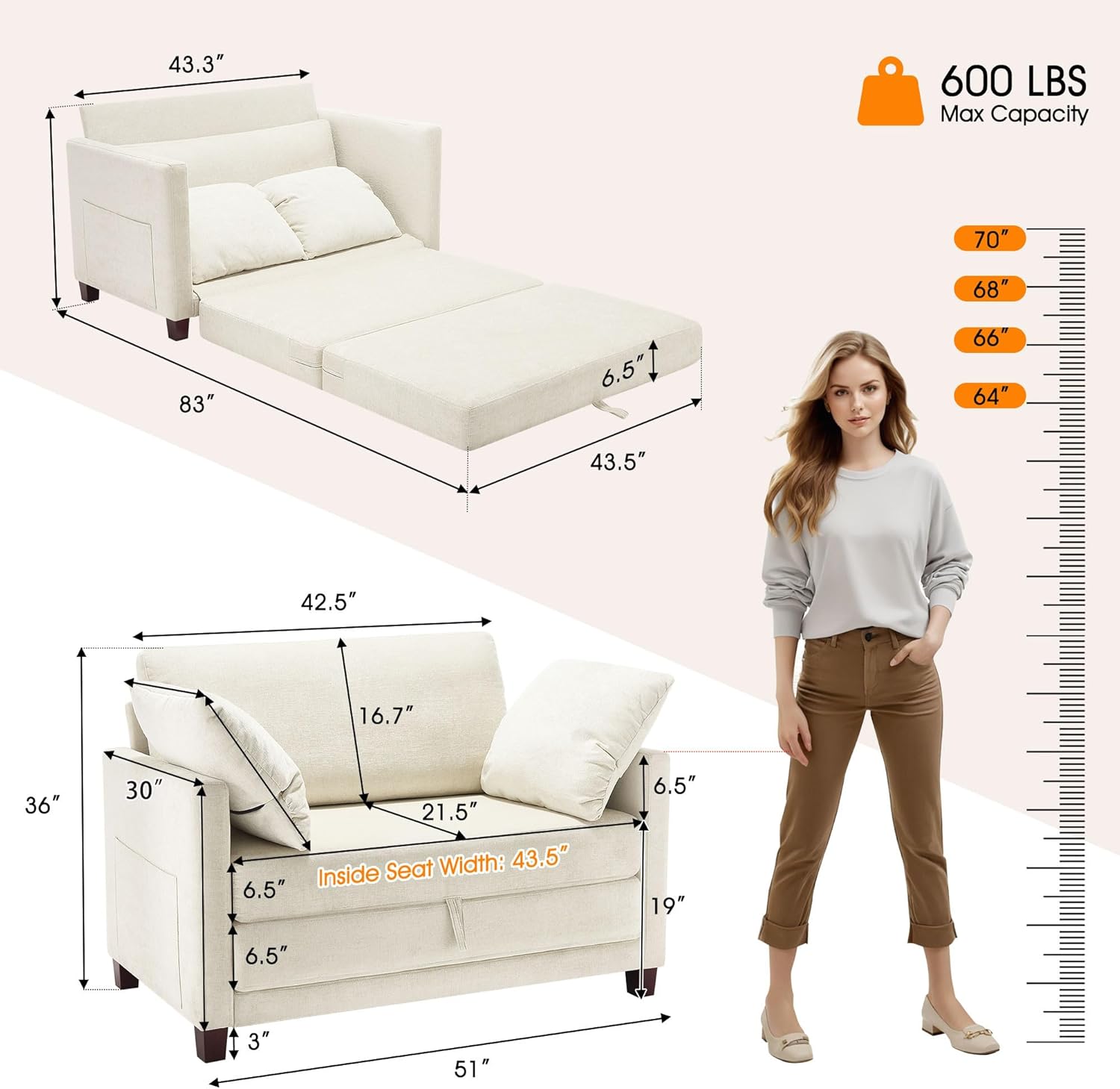 51 Loveseat Sleeper Sofa Bed, Chenille Convertible Floor Sofa Bed for Small Spaces, Folding Couch Bed with Deep Seat, 2 Pillows & Solid Frame, Pull Out Floor Couch for Living Room, Beige