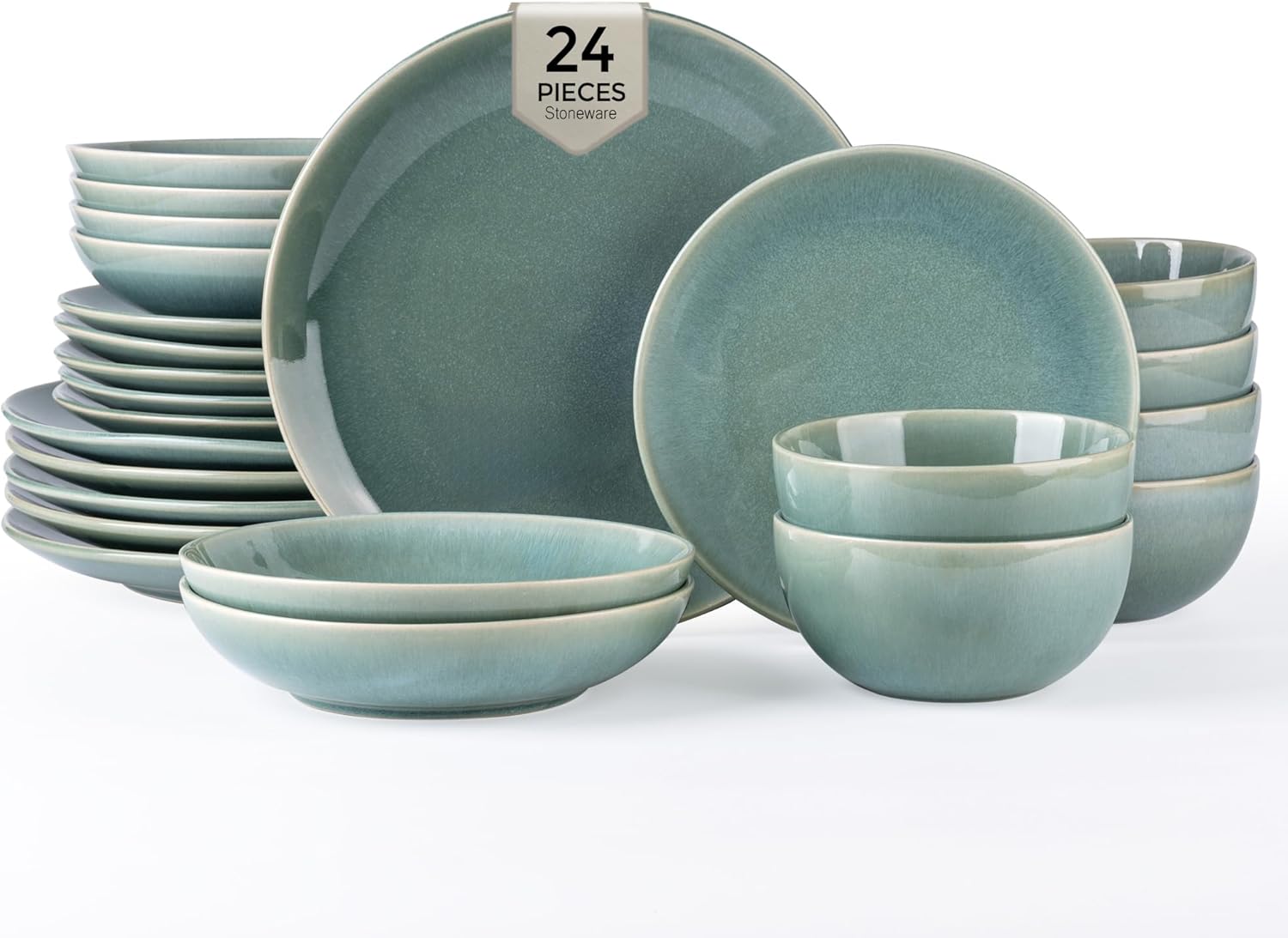 GBHOME Dinnerware Sets with Double Bowls for 6, 24 Pieces Stoneware Plates and Bowls Set, Scratch Resistant Ceramic Dishes Set, Dishwasher & Microwave Safe-Malachite Green